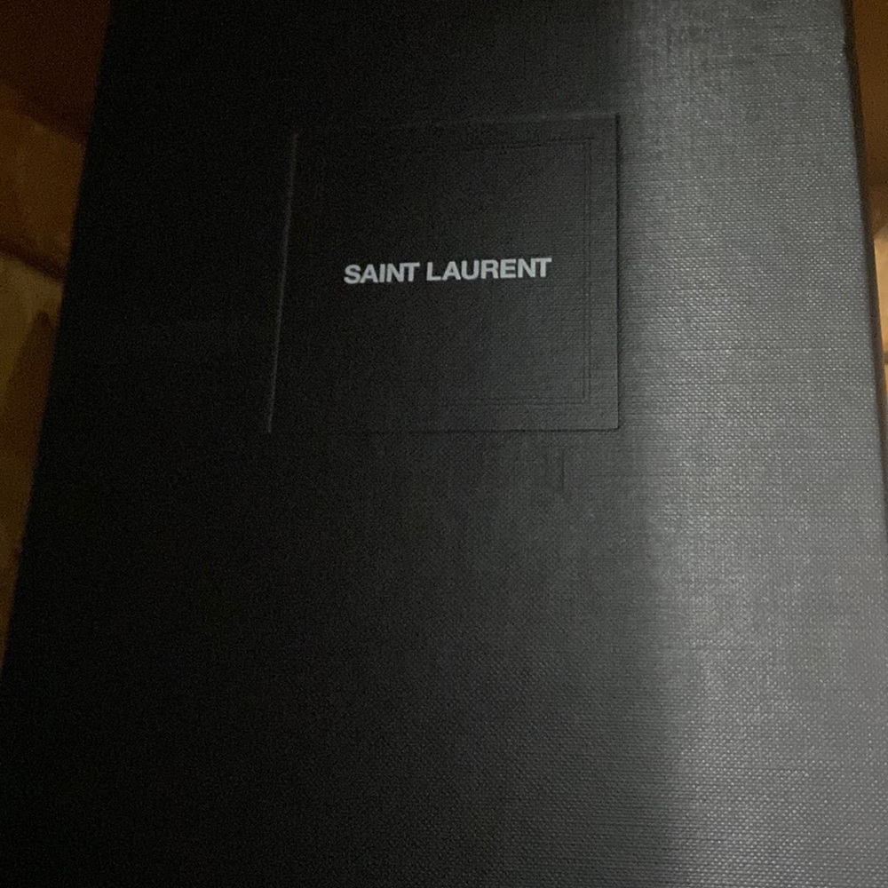 saint Laurent Box and verification card along with two saint Laurent shoe sacks